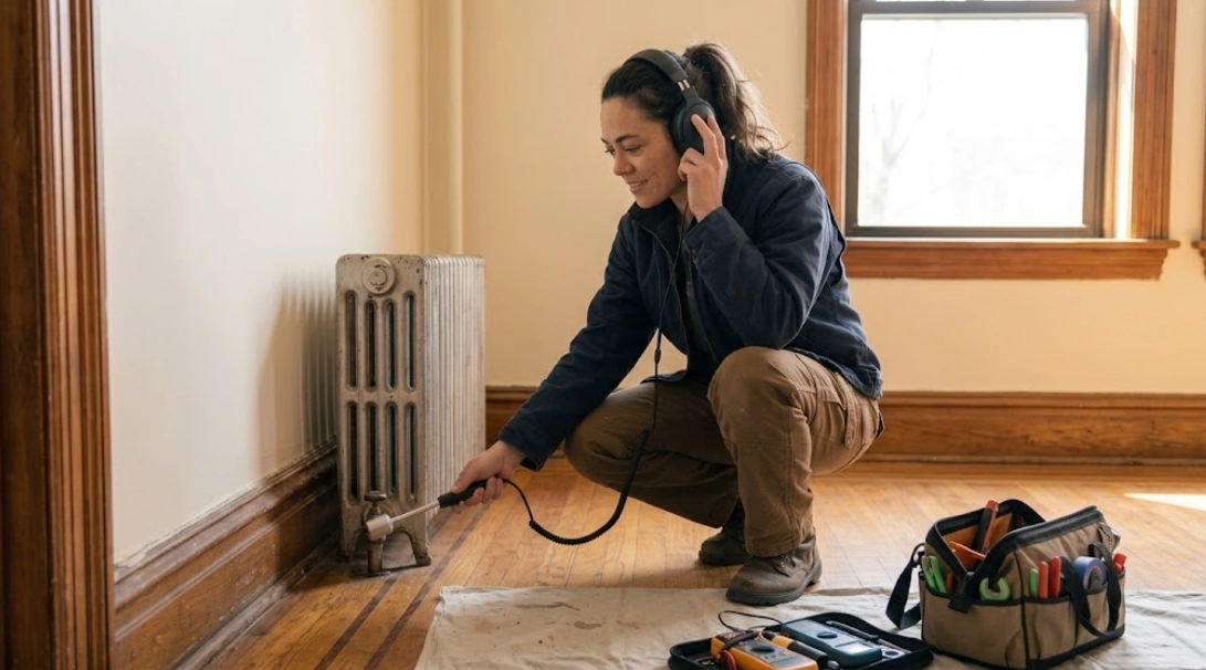 Plumber using acoustic leak detection equipment and ground microphone to locate hidden water pipe leak