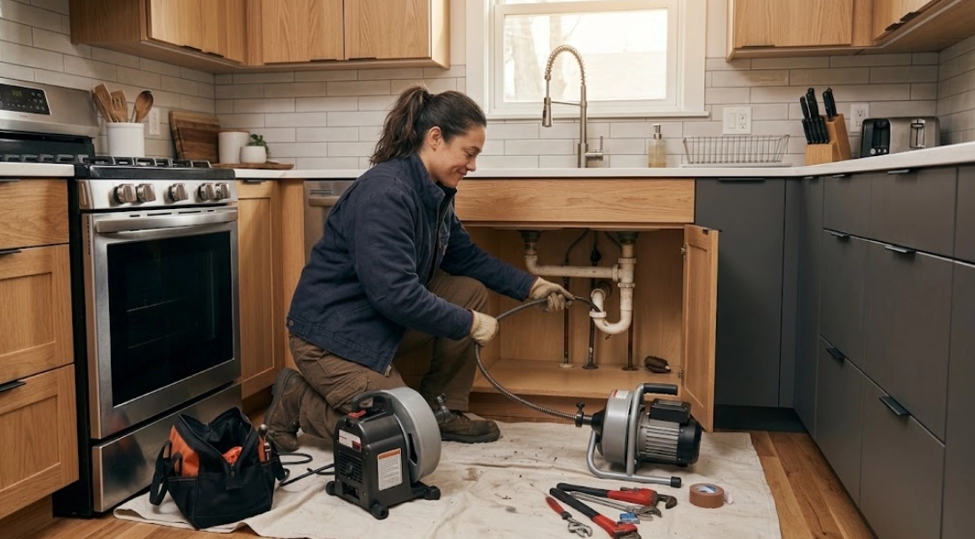 Plumber clearing a kitchen sink drain stoppage using an electric drum snake machine