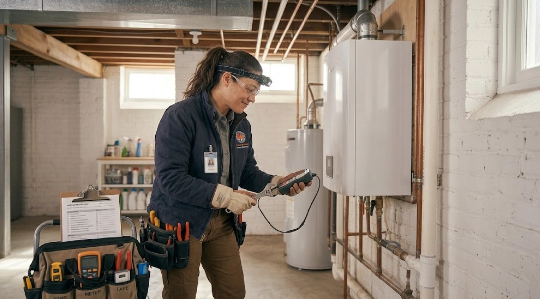 Modern residential gas boiler mechanical repair and burner servicing in a basement