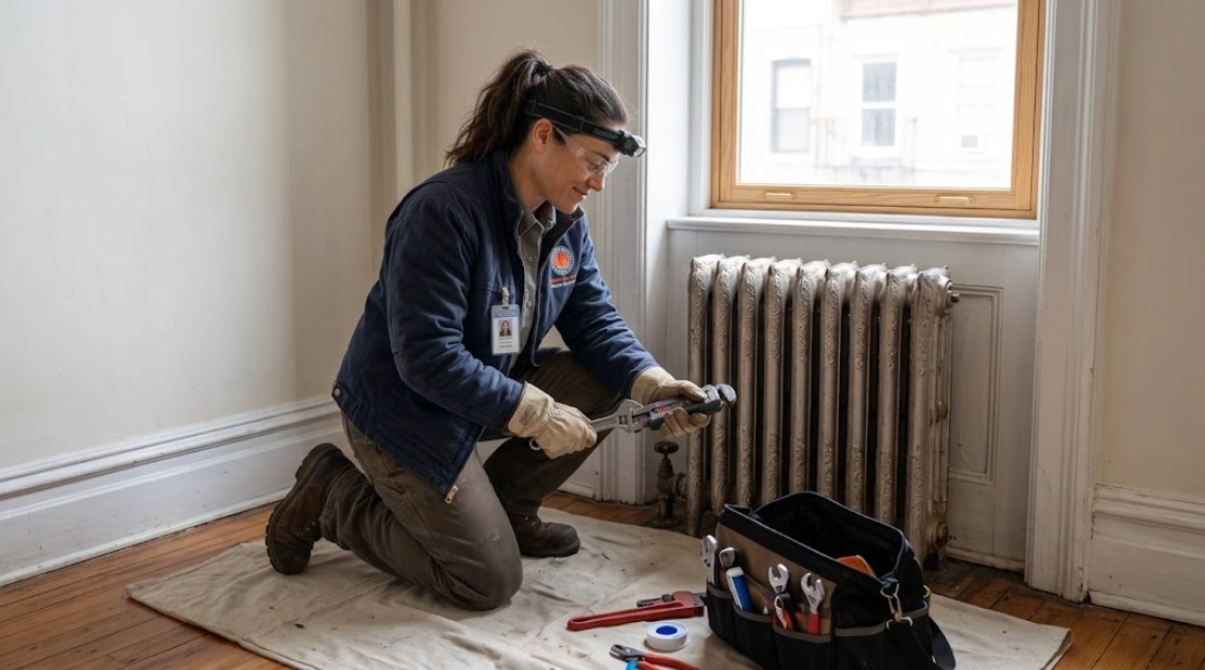 Plumber replacing a heavy brass steam radiator supply valve and spud union connection on a cast iron radiator