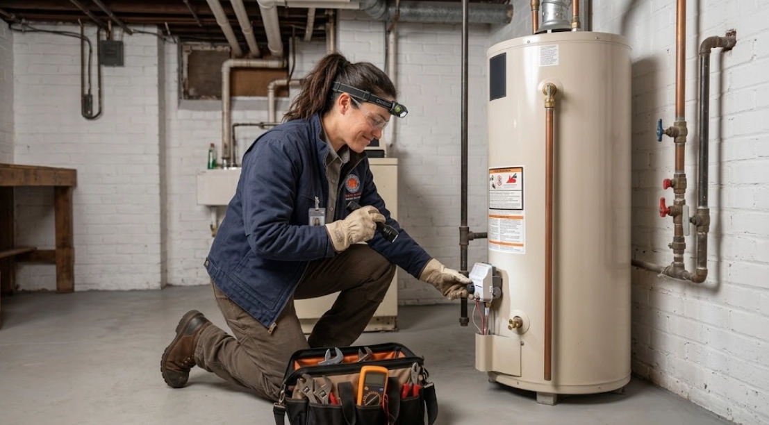 Plumber inspecting gas control valve and burner assembly on a residential water heater